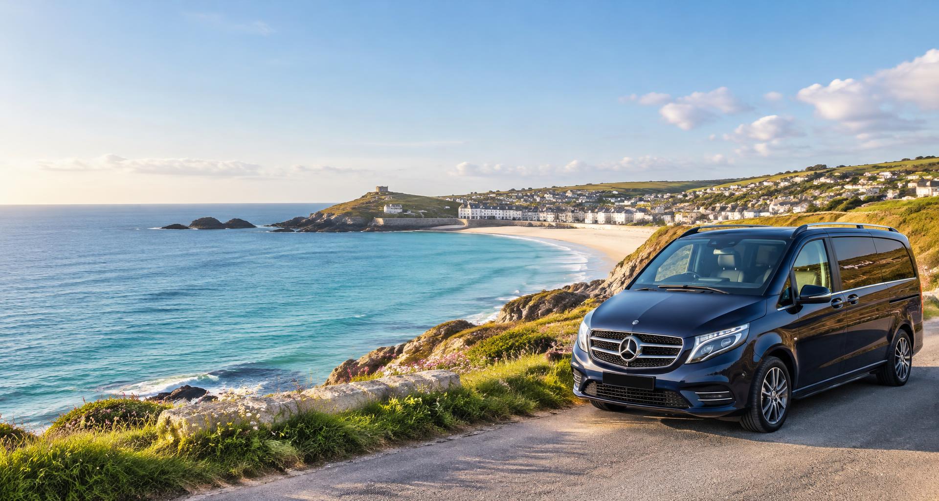 Luxury family chauffeur vehicle overlooking the turquoise Cornwall coast
